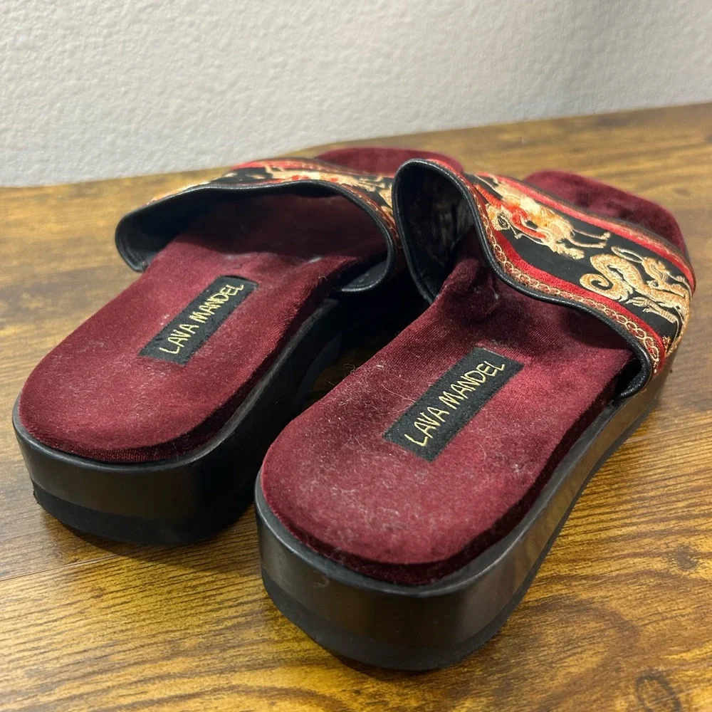 Burgundy Velvet Embroidered Slide Sandals